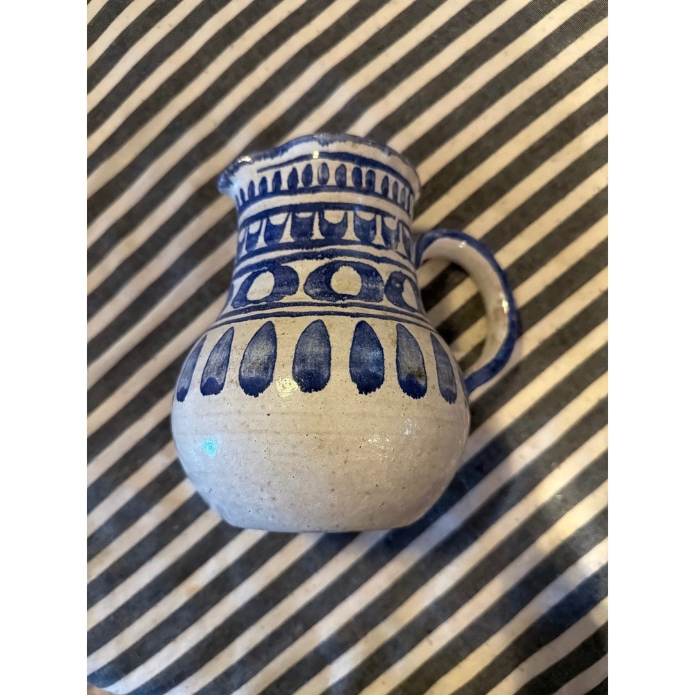 Vintage Hand Painted Blue White Ceramic Pitcher Studio Pottery Small Creamer Jug